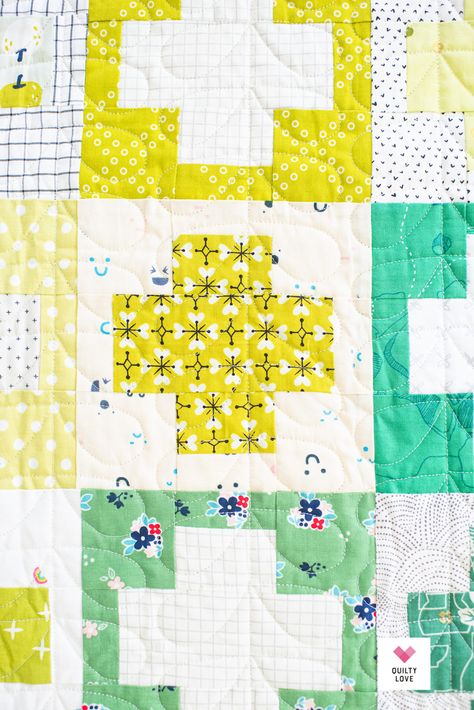 Free Scrap Stash Plus Quilt pattern - Quilty Love Plus Quilt Block, Quilters Digest Free Pattern, Fun Easy Quilt Patterns, Plus Quilt Pattern Free, Free Scrappy Quilt Patterns, One Color Quilts, Easy Quilts For Beginners Free Pattern, Two Color Quilts Patterns Free, Big Block Quilt Patterns Free