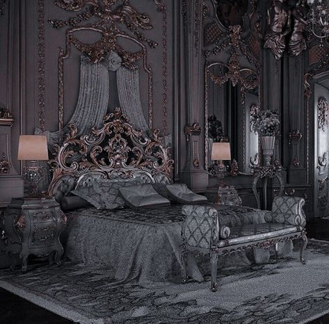 Blue Victorian Aesthetic, Bedroom Aesthetic Dark, Dark Bedroom Aesthetic, Moody Bedroom Ideas, Tattoo Modern, Royal Room, Royal Bedroom, Castle Bedroom, Black Bedroom Design