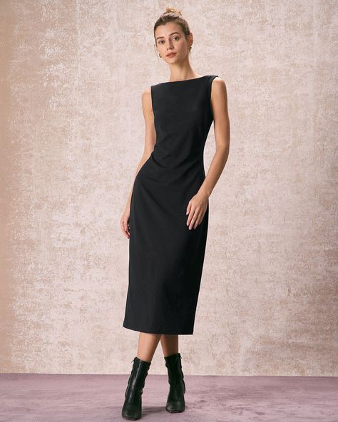 The Black Boat Neck Ruched Midi Dress & Reviews - Navy,Black - Dresses | RIHOAS Midi Work Outfit, Boat Neck Dress Designs, Boat Neck Dresses, Black Boat Neck Dress, Blouse Accessories, Boat Neck Midi Dress, A Line Midi Dress, Boatneck Dress, Black Boat