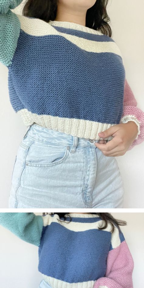 Knitted Crop Sweater Pattern, Beginner Knitting Sweater Patterns Free, Knit Cropped Sweater Pattern, Cropped Knit Sweater Pattern, Knit Sweater Beginner, Beginner Knit Sweater Pattern Free, Knit Tiktok, Knit Sweater Pattern Beginner, Beginner Sweater Knitting Pattern