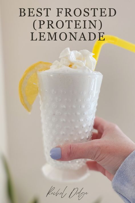 The Best Frosted (Protein) Lemonade - Rachel Dodge Frosted Lemonade Chick Fil A, Protein Lemonade, Chick Fil A Frosted Lemonade, Frozen Lemonade Recipe, Frosted Lemonade Recipe, Prep Snacks, Protein Drink Recipes, Sugar Free Lemonade, Lemonade Slushies