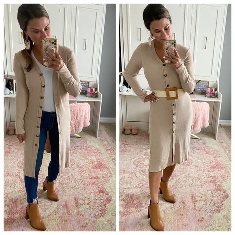 How to style a duster cardigan - Use code CANDACE15 to save 15% off my cardigan. I sized up one size in the cardigan to a M since I planned on styling it as a dress tee. Everything else is true to size. Wearing a small in the tee and belt. #justpostedblog #ShopStyle #shopthelook #MyShopStyle #OOTD #LooksChallenge #ContributingEditor #Lifestyle Sweater With Side Slits, Vince Camuto Booties, Duster Cardigan Sweater, Open Front Sweater, Duster Cardigan, Petite Tops, Navy Sweaters, Navy Dresses, Old Navy Dresses