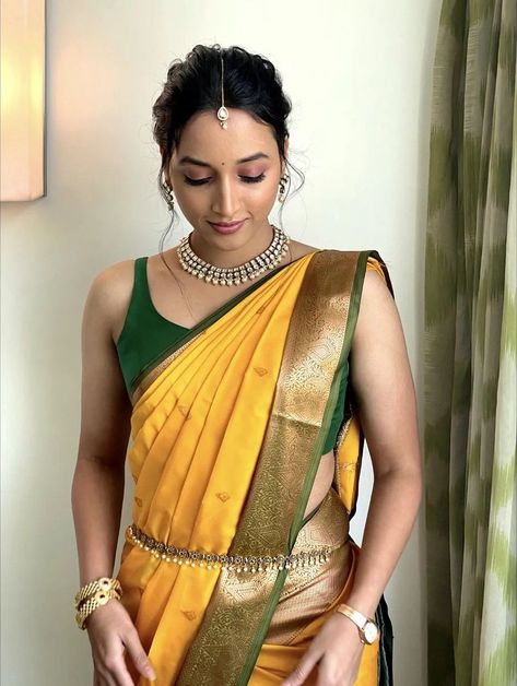 Yellow Saree For Haldi, Rakshit Shetty, Saree Wearing Style, Yellow Silk Saree, Srinidhi Shetty, Marathi Saree, Haldi Ceremony Outfit, Pleated Saree