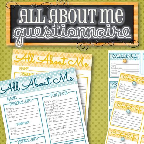 All About Me Questionnaire and Contact Info Cards - INSTANT DOWNLOAD All About Me Questionnaire, Student Info Sheet, Medical Form, Medical Party, Relief Society Visiting Teaching, Recognition Ideas, Rs Activities, Yw Theme, Activity Day Girls