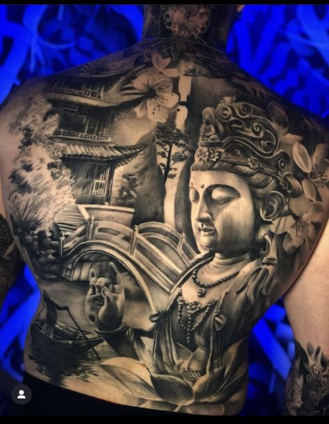 Budda Back Tattoos, Buddha Tattoo Back, Mens Full Back Tattoo, Buddha Back Tattoo, Buddah Sleeve Tattoo, Back Piece Tattoo Men, Chest And Back Tattoo, Buda Tattoo, Japanese Warrior Tattoo