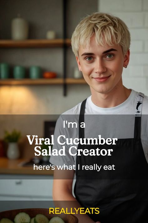 Smiling person in a kitchen wearing a black apron with text overlay about being a viral cucumber salad creator. Cucumber Salad Recipes Tiktok, Logan’s Cucumbers Recipe, Logans Viral Cucumber Salad, Cucumber Salad Logan, Logan Cucumber Salad Recipe, Viral Cucumber Salad Recipe, Logan Cucumber Recipes, Logan Cucumber, Cucumber Salad Tiktok