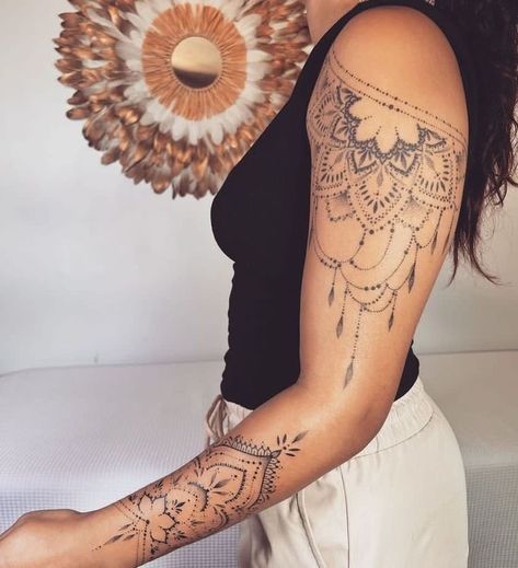 Mandala Tattoo Sleeve Women, Lace Shoulder Tattoo, Sleeves Tattoos, Mandala Arm Tattoos, Lace Sleeve Tattoos, Mandala Tattoos For Women, Cuff Tattoo, Tattoos To Cover Scars, Hand And Finger Tattoos