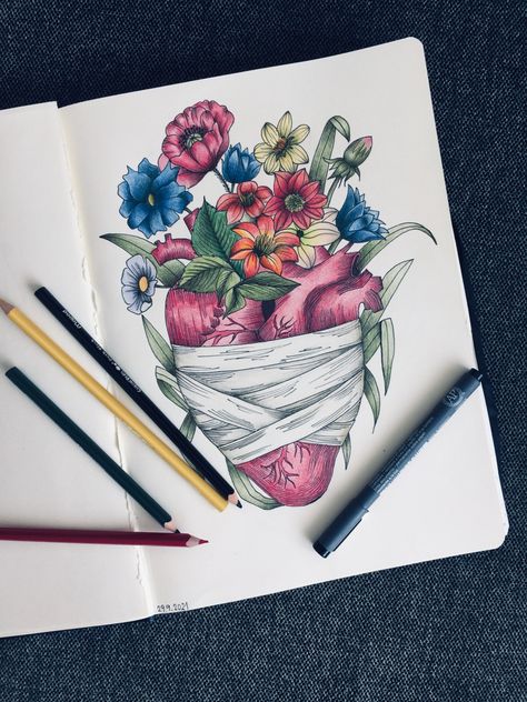 Healing Heart Art Drawing, Healed Heart Drawing, Healing Heart Drawing, Biology Art Draw, Healing Art Drawing, Healing Heart Art, Human Heart Tattoo, Coffee Art Drawing, Floral Anatomy