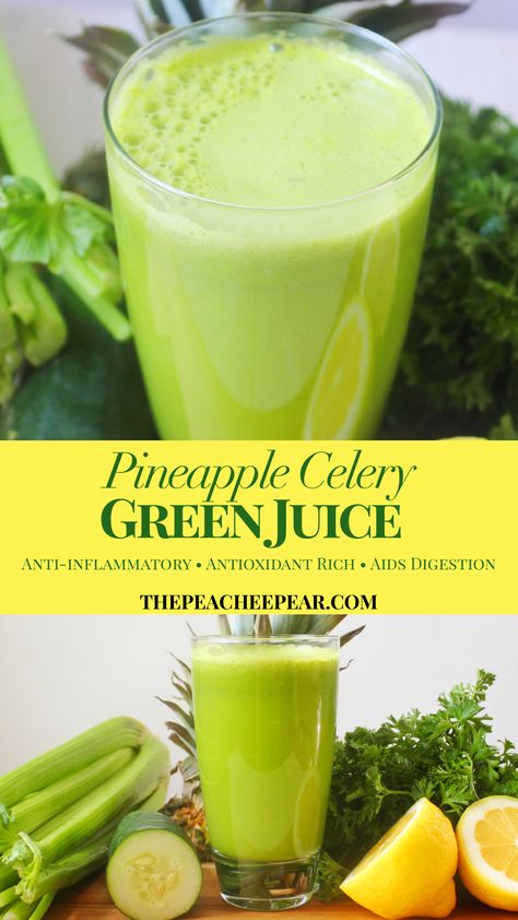 This Pineapple and Celery Green Juice is not only extremely healthy and rich with nutrients; it's also tasty and refreshing. This green juice is great to assist your body in getting its digestion back on track. Made with fresh pineapple, celery, cucumber, parsley, lemon, and ginger root. It's loaded with anti-inflammatory and alkalizing properties, antioxidants, and essential vitamins and nutrients. via @ThePeacheePear Celery Juice Benefits, Resep Smoothie, Juice Benefits, Juice Cleanse Recipes, Detox Juice Recipes, Juicy Juice, Green Juice Recipes, Celery Green, Smoothie Packs