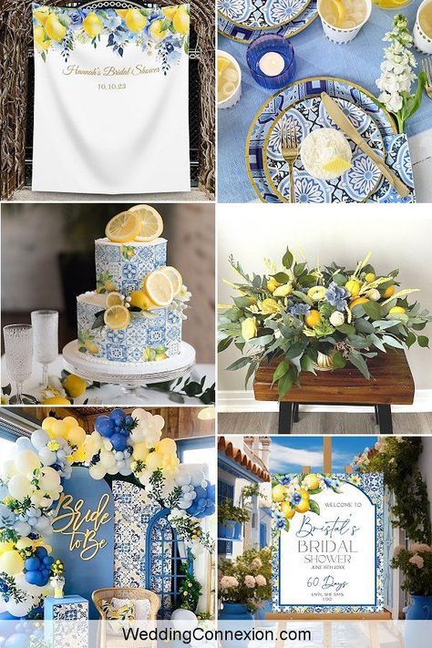 The details of the Amalfi blue tiles and lemons bridal shower – from the invitations and decor to the menu and favors – all come together to create a cohesive and unforgettable experience for both the bride-to-be and her guests. Get ready to be transported to the bountiful shores of Southern Italy, as we unveil the secrets to creating a memorable Amalfi blue tiles and lemons bridal shower at WeddingConnexion.com. Lemon Bridal Shower Theme Centerpieces, Lemoncello Bridal Shower Ideas, Yellow Blue Decor, Bridal Shower Ideas Italian Theme, Amalfi Themed Bridal Shower Ideas, Greek Bridal Shower Ideas, Amalfi Coast Bridal Shower Ideas, Lemon Squeeze Bridal Shower Theme, Amalfi Decor