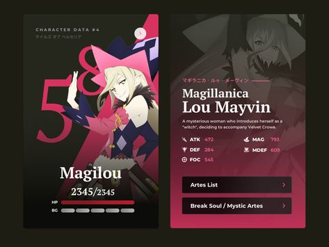 Berseria Character Card by Der Wölfe Character Cards Template, Character Card Design, Id Card Design Creative, Card Ui Design, Card Graphic Design, Game Layout, Card Character, Card Design Ideas, Card Edit