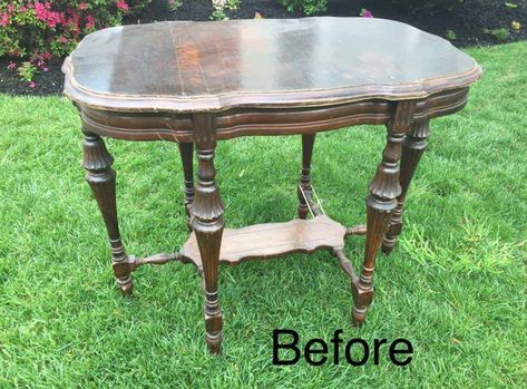 Victorian antique parlor table makeover with damaged wood grain. Save ugly wood grain with a two-tone stain on your next painted furniture project | antique table | parlor table | antique parlor table | old tables | antique wood table | Victorian parlor table | Two Tone Furniture, Old Tables, Apartment Painting, Parlor Table, Victorian Parlor, Victorian Table, Wooden Dresser, Traditional Table, Table Makeover