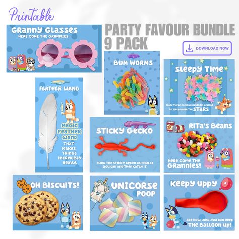 Make your Blue-themed party unforgettable with our Blue Party Favor Pack. Download and print these adorable designs instantly for a hassle-free celebration. Included Features: 9 Unique Designs: Ideal for Blue-themed parties. Instant Download: High-quality PDF for vibrant prints. Additional Information: Digital File Only: No physical items will be shipped. No Refunds: Due to the nature of digital downloads. Printing Tips: Print on your favorite photo paper; Colors may vary based on screen and printer settings. Customization Available: Contact us for personalized designs. Usage and Intellectual Property Statement / Copyright Notice We do not claim ownership of any of the characters included in this digital file. We respect all copyrights associated with the character images used in our desig Bluey Birthday Party Favor Ideas, Bluey Themed Birthday Party Food Ideas, Bluey Party Favors, Shared Birthday Parties, Bluey Art, Bluey Party, Bluey Birthday, Character Images, Party Bundles