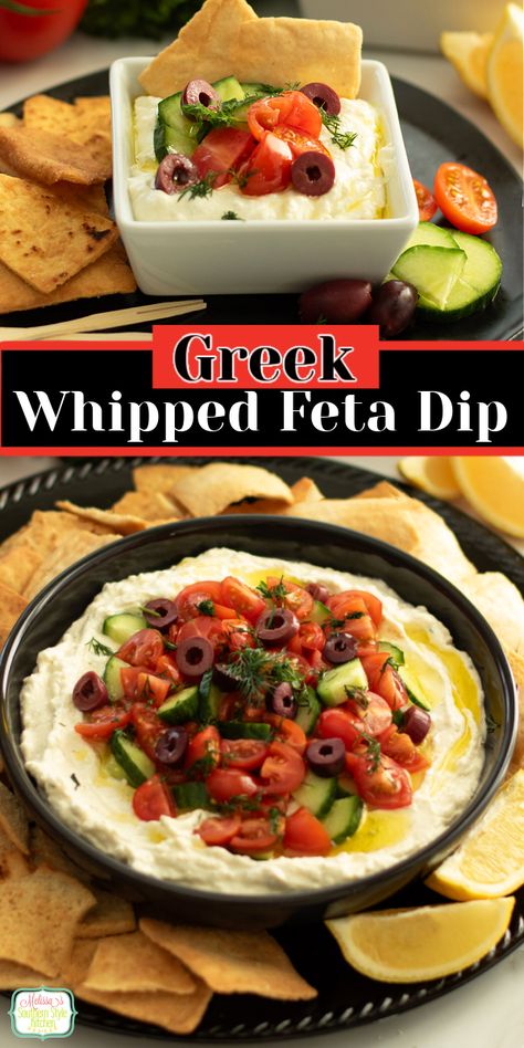 This Mediterranean-inspired Greek Whipped Feta Dip can be served as a creamy, tangy appetizer, sandwich spread, salad topping or snack. #feta #whippedfetadip #cheesedip #diprecipes #greekfood #greekrecipes #bestwhippedfetadip via @melissasssk Greek Salad Dip, Greek Appetizers Easy, Taziki's Whipped Feta Recipe, Spicy Feta Dip Recipes, Greek Hummus Layer Dip Feta, Greek Roasted Red Pepper Feta Dip, Spicy Feta Dip Greek, Whipped Feta Dip, Salad Topping