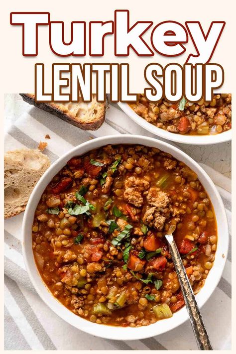 Turkey Lentil Soup, Turkey Soup Recipes, Turkey Lentil, Ground Turkey Soup, Turkey Soup Recipe, Soup Ideas, Dried Lentils, Pantry Ingredients, Lentil Soup Recipes