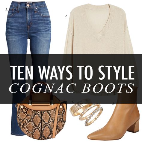 cognac boots, snake bag, crop jeans, sweater, rings Cognac Heels Outfit, Outfits With Cognac Boots, Cognac Boots Outfit Ankle, Cognac Ankle Boots Outfit, Camel Ankle Boots Outfit, Jeans And Brown Boots Outfit, Camel Booties Outfit, Brown Boots Outfit Ankle, Camel Boots Outfit