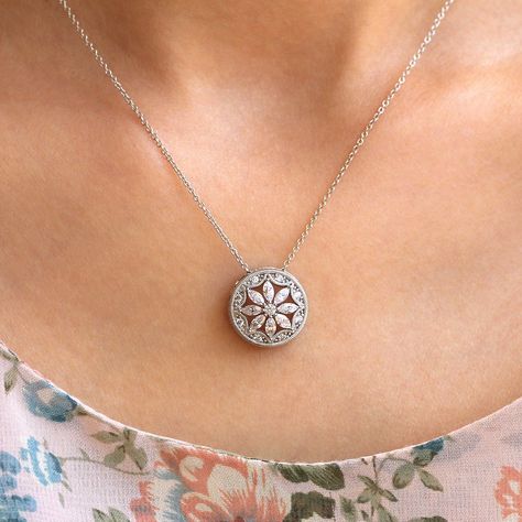 Art Deco Floral, Halo Necklace, Wedding Pendant, Art Deco Necklace, Floral Pendant, Stone Pendant Necklace, Diamond Color, Marquise Cut, Diamond Shape