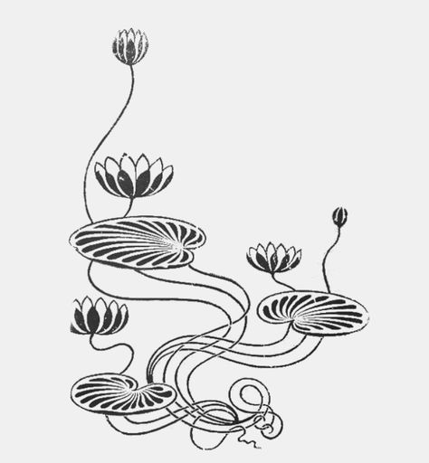 Lotus Plant Tattoo, Single Color Tattoo, Lotus Pond Tattoo, Viet Tattoo Ideas, Lilypad Tattoo Water Lilies, Lilly Pad Tattoo Ideas, Art Deco Flower Tattoo, Creative Tattoo Sleeve, Art Nouveau Back Tattoo