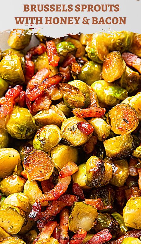 Brussels sprouts are roasted with honey and bacon till crispy and caramelised. They are easy, fast and too delicious for words! Brussel Sprout Recipes With Bacon Honey, Bacon And Brussel Sprouts Roasted, Oven Brussel Sprout Recipes, Brussel Sprout Recipes Honey, Bacon Honey Brussel Sprouts, Honey Brussel Sprout Recipes, Carmelized Brussels Sprouts, Honey Roasted Brussel Sprouts Oven, Brussel Sprouts Roasted Honey