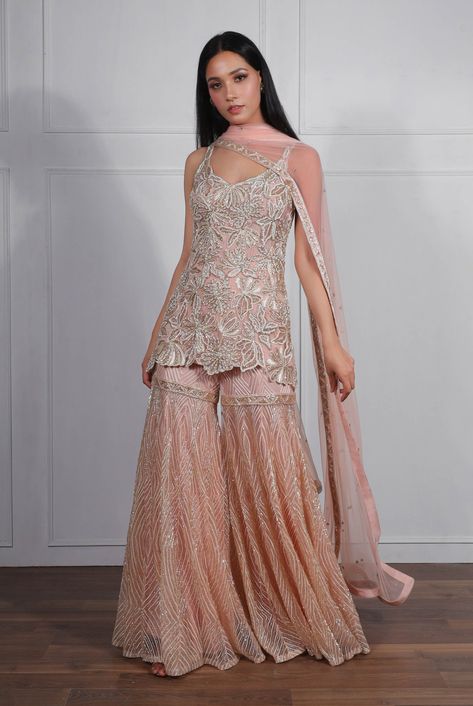 Luxury Art Silk Sharara With Floral Embroidery, Luxury Designer Sharara With Floral Embroidery, Luxury Pink Palazzo Set With Straight Kurta, Luxury Designer Embroidered Sharara, Luxury Net Sharara For Party, Luxury Embroidered Party Wear Sharara, Luxury Pink Silk Thread Sharara, Luxury Fitted Art Silk Sharara, Luxury Pink Sharara For Party Wear