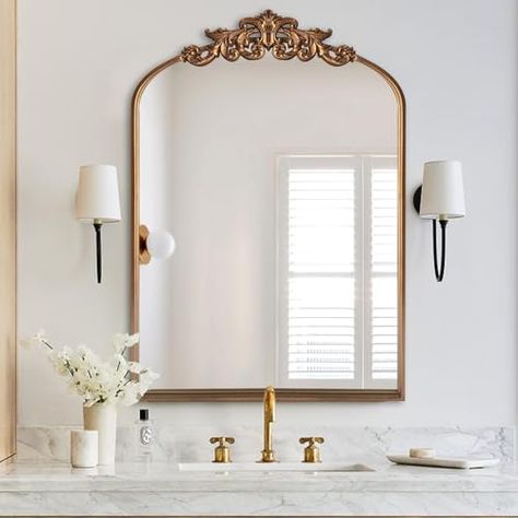 Classic Mirror Bathroom, Golden Mirror Bathroom, Vintage Bathroom Mirror, Fireplace Mirrors, Elegant Wreaths, Mirrors For Bathroom, Arched Wall, Vintage Fireplace, Floating Bookshelves