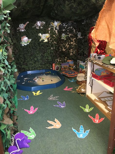 Dinosaur Role Play Area, Dinosaur Theme Preschool Dramatic Play, Dinosaur Play Ideas, Dinosaur Role Play Area Eyfs, Dinosaur Pretend Play, Dinosaur Small World Play, Dinosaur Eyfs Activities, Dinosaur Play Area, Dinosaur Dramatic Play Preschool