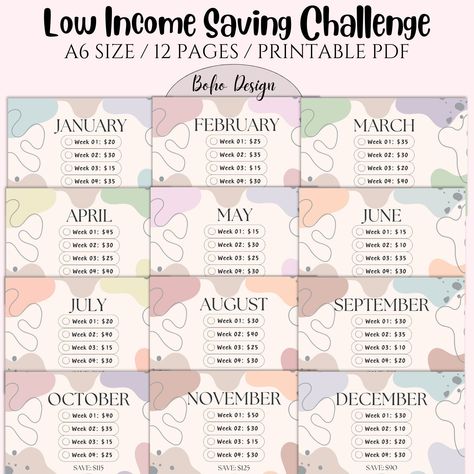 A6 Money Savings Challenge Bundle, Low Income Monthly Savings Challenge Bundle,Boho Money Challenge, Savings Tracker Printable Please note that this is a DIGITAL DOWNLOAD file with no physical product included. Are you searching for a delightful way to cut costs without sacrificing fun? Your solution has arrived! Dive into our 12-month A6 Savings Challenges pack, meticulously designed to infuse your life with joy while bolstering your savings. With its effortless printability and unlimited print Weekly Cash Savings, 20 Thousand Saving Challenge, Saving Plans Weekly, Easy Money Challenge, Realistic Money Saving Challenge, 6 Week Savings Challenge, Money Challenges Monthly, Fun Money Saving Games, Yearly Savings Plan Challenges