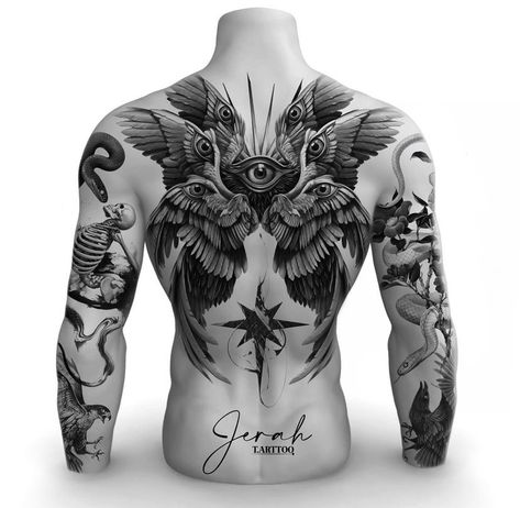 Top Back Tattoo, Men’s Back Tattoo, Big Back Tattoos, Back Tattoo For Men, Full Back Tattoos For Men, Back Tattoo Ideas For Men, Back Tattoo Men, Seraphim Tattoo, Wizard Tattoo