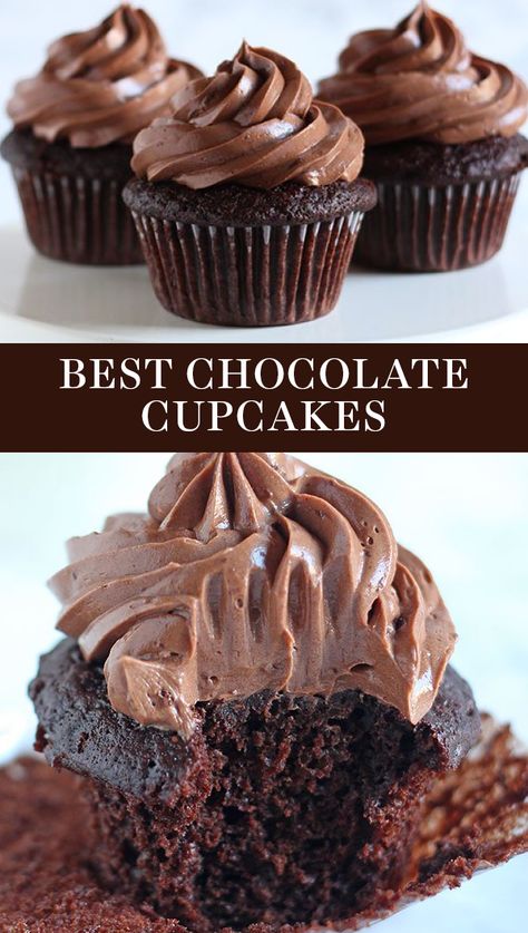 The BEST Chocolate Cupcakes ever! Easy from-scratch recipe that is ultra moist with a homemade chocolate frosting. You'll love this simple recipe made with cocoa powder and a dash coffee. Great dessert for a crowd! #chocolatecupcake #cupcakerecipe #bestcupcakes #easycupcakes #homemadecupcakes Chocolate Chocolate Cupcakes, Cupcakes With Frosting, Double Chocolate Cupcakes, Homemade Chocolate Cupcakes, Chocolate Cupcakes Recipe, Delicious Cupcakes Recipes, Homemade Chocolate Frosting, Best Chocolate Cupcakes, Graduation Desserts