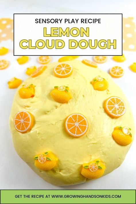 Picture of yellow lemon scented cloud dough rolled into a ball with lemon buttons pushed into it. White text overlay box with yellow/black font says "Sensory Play Recipe: Lemon Cloud Dough". Diy Cloud Dough, Dough Sensory Play, Cloud Dough Recipe, Cloud Dough Recipes, Sensory Play Recipes, Sensory Activities For Preschoolers, Preschool Sensory, How To Make Clouds, Sensory Dough