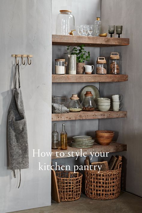 pantry storage jars chopping boards storage baskets kitchen rustic country kitchen Open Pantry, Pantry Inspiration, Open Kitchen Shelves, Glass Storage Jars, Pantry Design, Glass Storage, Open Kitchen, Kitchen Shelves, Kitchen Pantry