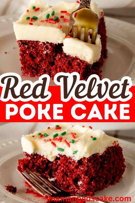 This red velvet poke cake stands out as a scrumptious and classic dessert with cream cheese frosting. This dessert is perfect for Christmas or any special occasion. Christmas Cake Red Velvet, Christmas Cranberry Poke Cake, Red Velvet Dump Cake, Red Velvet Poke Cake Recipe, Dessert With Cream Cheese, Red Velvet Poke Cake, Cream Cheese Desserts, Poke Cake Recipes, Homemade Cake Recipes