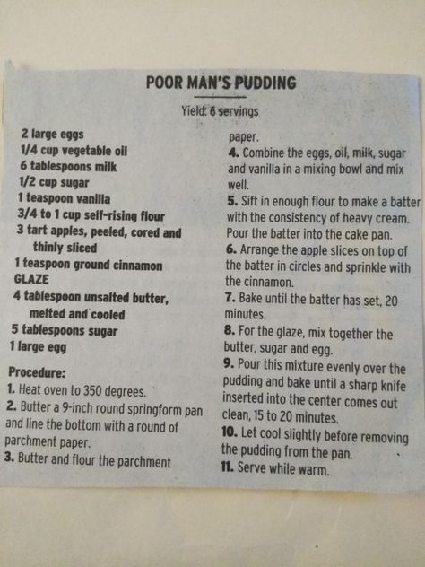 Poor Man's Pudding Poor Mans Pudding, Cakes For Men, Delicious Treats, Pudding Recipes, Bread Pudding, Puddings, Vintage Recipes, Food Store, Pie Recipes