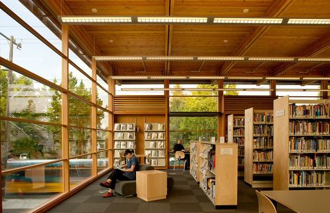 Seattle Public Library Montlake Branch — Weinstein A+U Swimmer Photography, Seattle Library, Seattle Public Library, Two Story Windows, Community Library, Library System, Wooden Windows, Wood Deck, Break Room