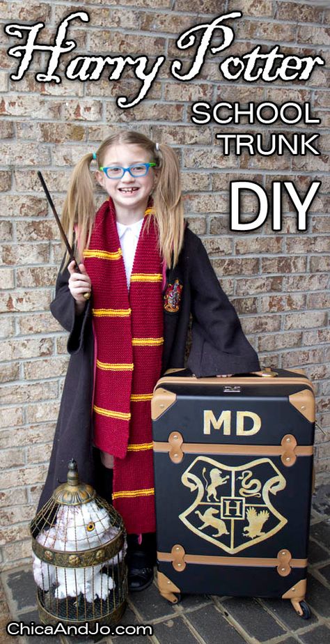 Harry Potter school trunk DIY | Chica and Jo @silhouetteinc @decoart #decoartprojects Hogwarts Trunk Diy, Harry Potter Trick Or Trunk Ideas, Harry Potter Trunk Diy, Harry Potter Trunk Or Treat, Harry Potter Trunk, Harry Potter School, Hogwarts Party, Harry Potter Christmas Tree, Harry Potter Room Decor