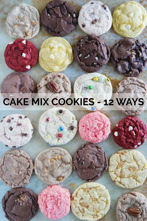 Cake Mix Cookies 12 Ways – So many varieties, you’ll want to try them all! 4 ingredients, 20 minutes, and you can have soft, delicious cookies. Video Included. #recipe #cookies #cakemix #cakemixcookies #easydessert Cookies To Go Packaging, Funfetti Oreo Cake Mix Cookies, Vanilla Cake Cookies Recipe, Vanilla Cake Mix Cookies Recipes, Odd Cookie Recipes, Cookie Mix Ins, Vanilla Cake Cookies, Vanilla Cake Mix Cookies, Cake Cookie Recipes