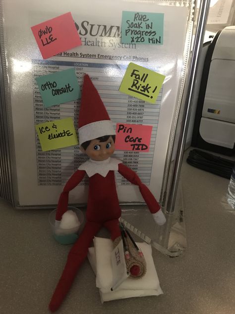 Elf on the shelf on orthopedic floor! #elfontheshelf #nursing #hospital #orthopedic #pincare Medical Elf On The Shelf Ideas, Elf On The Shelf Office Ideas, Window Ideas, Elf Ideas, Doctor Office, Elf On The Shelf Ideas, Christmas Window, Health System, Crafty Projects