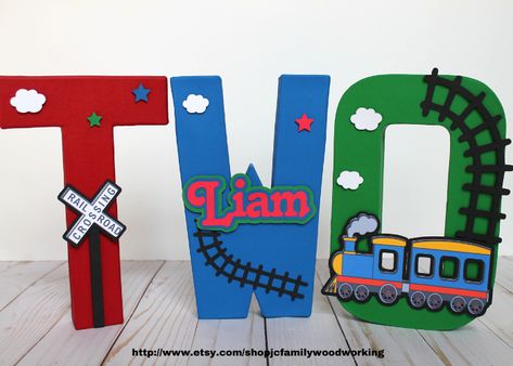 Celebrate your little one's second birthday with these train themed stand alone letters. Great for a cake table or photo shoot. Chugga Two Two 2nd Birthday, 2nd Birthday Train Theme Cake, Two Two Cute 2nd Birthday Party Train, Third Birthday Train Theme, Train Birthday Decorations, 2nd Bday Train Theme, Chugga Chugga Two Two Birthday, Train 2nd Birthday, Train Birthday Party Decorations