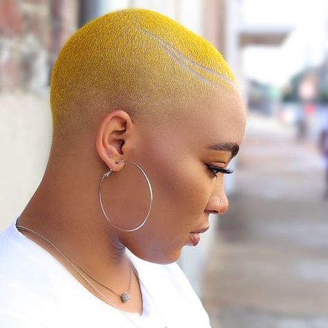 This yellow hair for black females is a portrayal of sophistication! That neat buzz cut and shaved lines are to live for! Short Dyed Hair, Yellow Hair Color, Short Natural Haircuts, Short Hair Designs, Shaved Hair Cuts, Short Shaved Hairstyles, Shaved Hair Designs, Natural Hair Cuts, Natural Hair Short Cuts