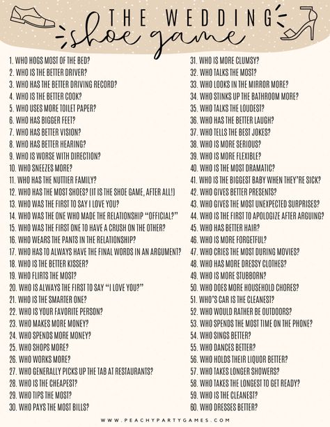 60 Wedding Shoe Game Questions + FREE Printable - Fun Party Pop Who Is Wedding Game, How Many Parties Before The Wedding, How To Get Free Stuff For Your Wedding, Shoe Game Engagement Party, Nearlywed Game Questions, How To Ask Wedding Party, Free Wedding Games Printables, Engagement Party Shoe Game, Games During Wedding Reception