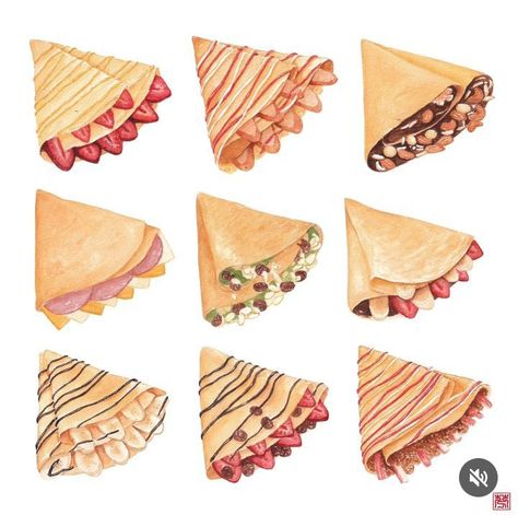 Crepe Drawing, Crepe Illustration, Crepe Aesthetic, Cake Draw, Menu Design Layout, Menu Illustration, Japanese Pancake, Pancake Crepes, Cake Drawing