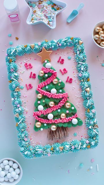 Mandy Hudec on Instagram: "I may have taken a small pause but I’m back and so ready for some holiday magic! My first order of business, sharing this ultra festive tree cake that delivers all the sparkle! 🎄✨ @sweetapolita was kind enough to send over some of their new jumbo dragées to try out and I’m still swooning so expect to see them on pretty much everything I make going forward 😍 Sprinkles @sweetapolita “Gingerbread Lane” + “Vintage Gold” & “Winter White jumbo dragées” (Use code “BOWMANSPRINKS15” at checkout to receive a sweet discount!) Colours + edible glitter @colour.mill : Rose, Sea Mist + Sky Blue, Green + Emerald + Forest & Hot Pink (Save with code “BOWMAN10”!) #cakedecorating #cake #cakestagram #cakegrid #cakesofinstagram #sheetcake #christmascake #christmasbaking #christmas Cakes Fancy, European Chocolate, Luxury Candy, Emerald Forest, Christmas Cake Designs, Tree Cake, Edible Glitter, Holiday Magic, Christmas Goodies