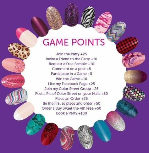 Nail Bar Ideas, Color Street Games, Color Street Party, Street Images, Color Street Graphics, Party Points, Salon Tips, Nail Party, Party Game Ideas