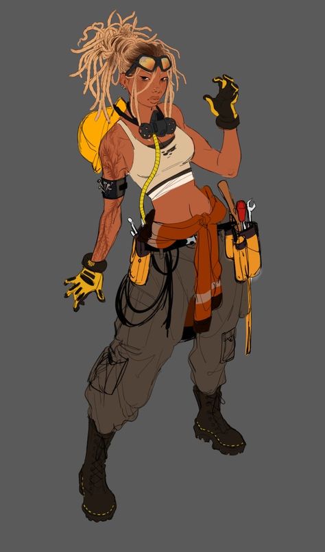 Cyberpunk Engineer Character, Welder Character Design, Cyberpunk Fantasy Outfit, Cyberpunk Outfits Drawing, Cool Character Outfits, How To Do Character Design, Mechanic Outfit Character Design, Cyberpunk Character Designs, Cyberpunk Character Ideas