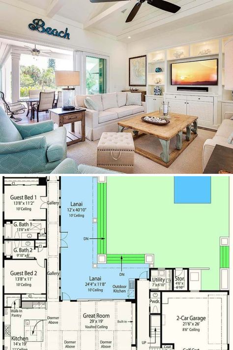 Green Accent Living Room, Porch Supports, Accent Living Room, Mansion Floor Plans, Beach House Plan, Mint Green Walls, House View, Dining Table Lighting, House Plans Mansion