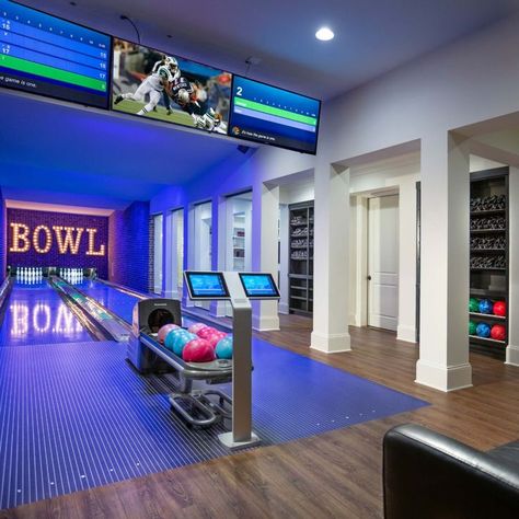 Modern Basement Game Room, Home Bowling Alley Game Rooms, Party Room Ideas, Bowling Room, Compound Living, Bowling Ideas, Slanted Shelves, Makerspace Design, Balmoral House