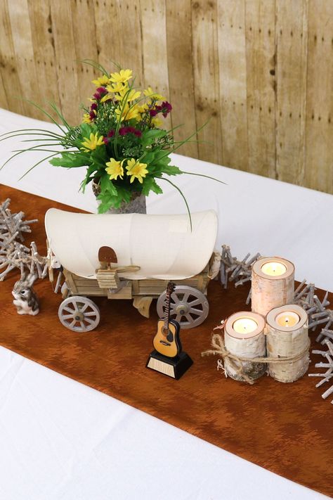 Frontier Quest Rustic Table Scene  Dust off your boots and saddle up for a journey back in time with a rustic table setting to celebrate the spirit of the Old West.    This centerpiece encapsulates a frontier quest for discovery, perfect for country, vintage, Western, and historical themes and can easily be adapted or scaled for weddings, corporate events, receptions, family gatherings, and dinner parties. Wild West Wedding, Western Centerpieces, Coastal Birthday, Mini Cowboy Hat, Christmas Candle Centerpiece, Woodland Ornaments, Rustic Table Setting, Party Checklist, Western Theme Party