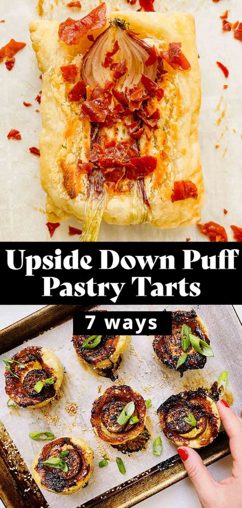 Viral Upside Down Puff Pastry Tarts Puff Pastry Recipes Tiktok, Individual Puff Pastry Tarts, Viral Puff Pastry Recipes, Puff Pastry Sheet Pan Recipes, Puff Pastry Tiktok, Puff Pastry Tartlets Savory, Puff Pastry Recipes Upside Down, Upside Down Pastries, Upside Down Tart Puff Pastry