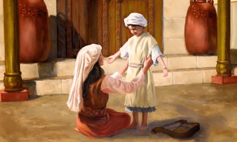 Hannah, at the tabernacle, putting a sleeveless coat on little Samuel Samuel Bible Story, Hannah Bible, Samuel Bible, Bible Images, Bible Illustrations, True Faith, Family Worship, Bible Characters, Bible Pictures