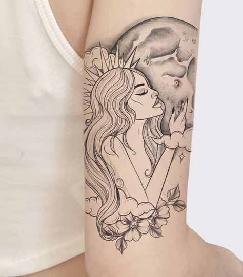 Moon God Tattoo, Selene Goddess Of The Moon Tattoo, Pisces Goddess Tattoo, Sun Goddess Tattoo, Earth Goddess Tattoo, 2024 Tattoo, Virgo Tattoo Designs, Hip Thigh Tattoos, Libra Tattoo